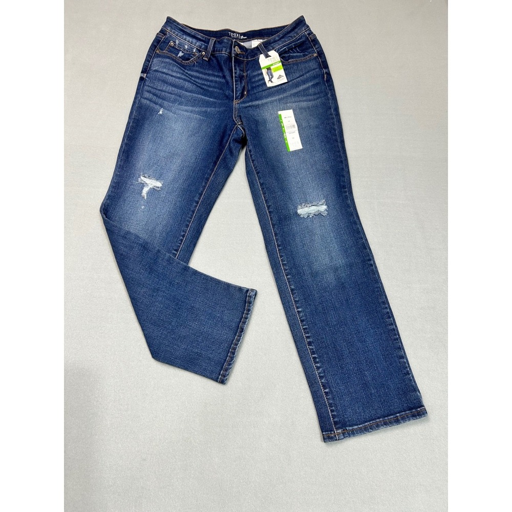 Time and Tru Straight Leg Jeans Blue 12 Distressed Lycra Stretch Recycled Denim